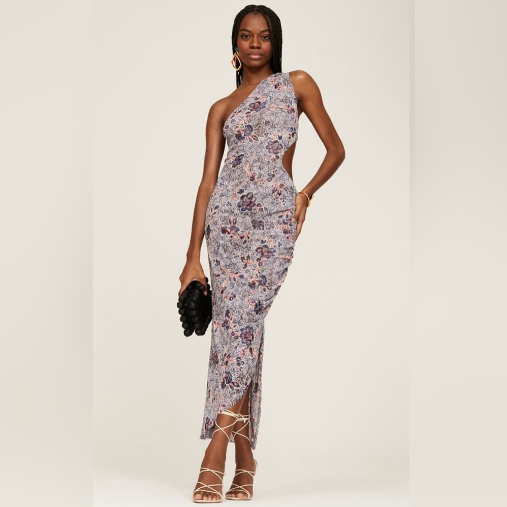 MISA Aries Mesh Ruched Floral Midi Dress